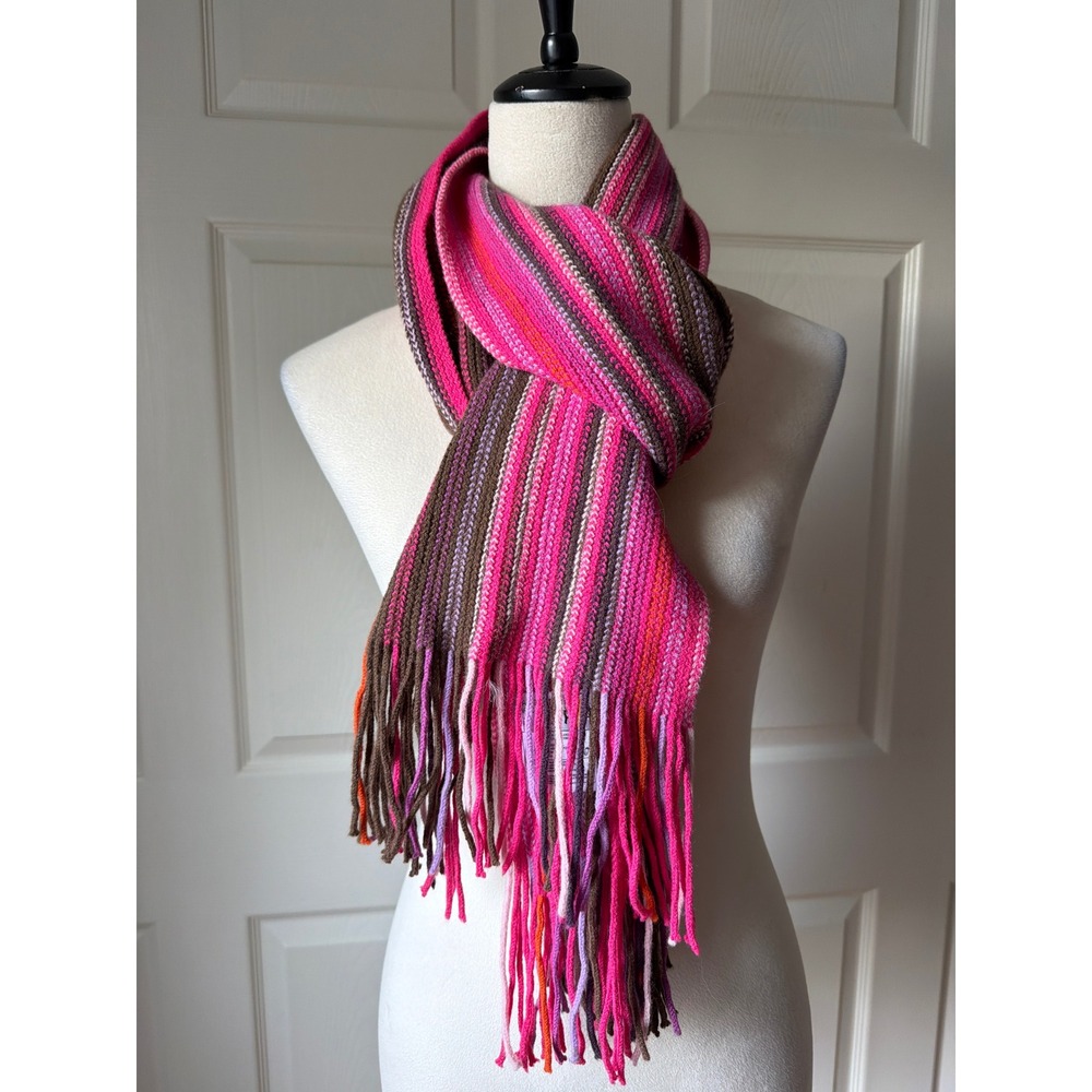 William Brunton Hand Knits Scarf Women OS Pink Brown Striped Lambswool Scotland